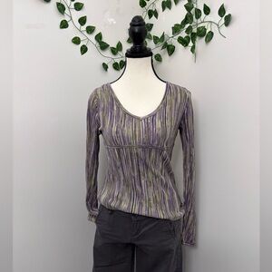 Axcess Liz Claiborne Multicolour Striped Long Sleeve Top V Neck Green Purple
